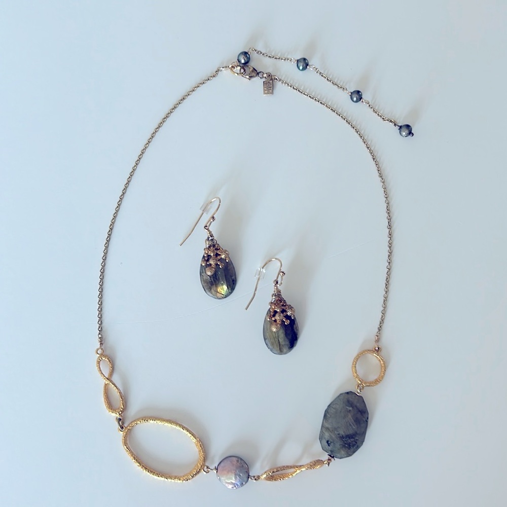 Alexis Bittar Gold Necklace/Earrings with Faux Pearl Disk and Gray/Green Stone
